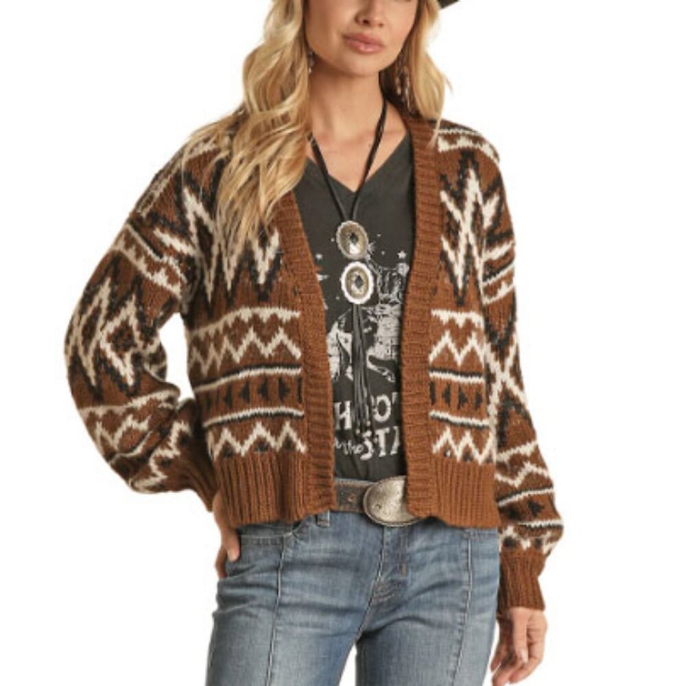 Rock & Roll Denim Aztec Print Cardigan Sweater - L